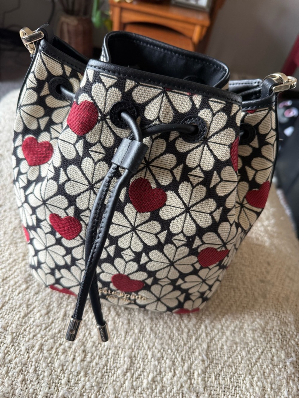kate spade Black, Cream & Red Floral Heart Drawstring Mini Bag